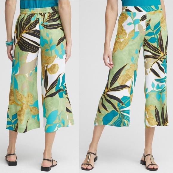 Chico's 00 Pull On Wide Leg Crop Fashion Culotte Santa Ponsa Palm Palazzo pants - Picture 1 of 13